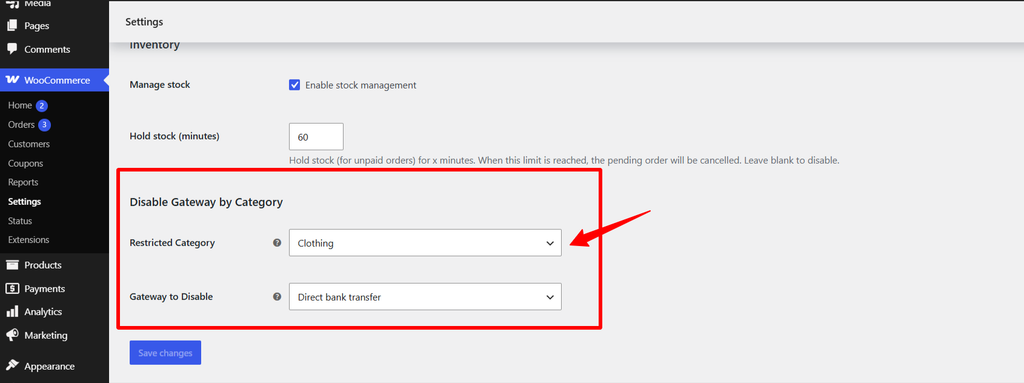 woocommerce disable payment method by category